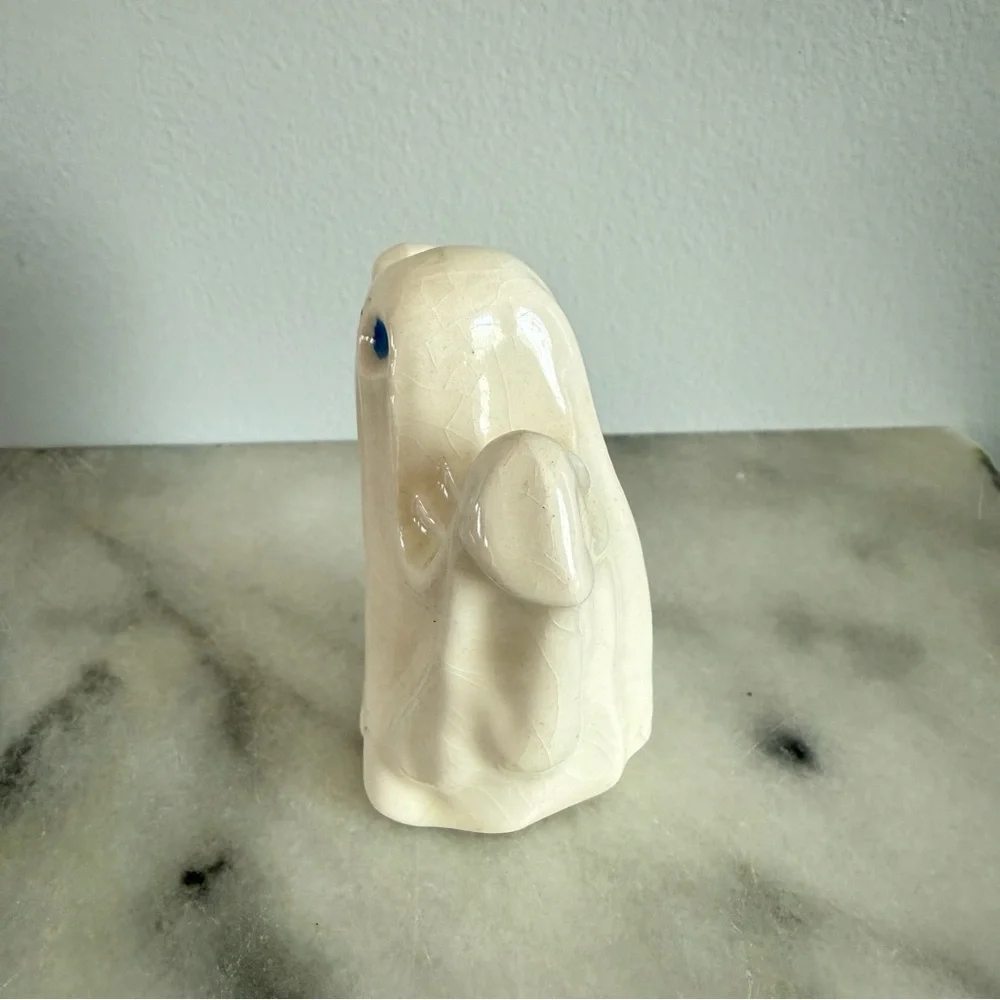Vintage Small Ceramic Ghost Figurine Halloween Decor Blue Eyes Shelf Collectible